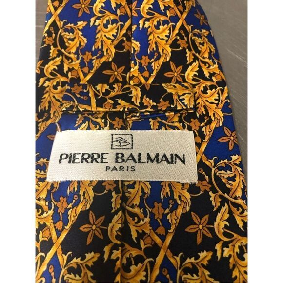 Pierre Balmain Paris Men’s Silk Blue and Gold Floral and Leaf Diamond Designer D - Picture 6 of 9